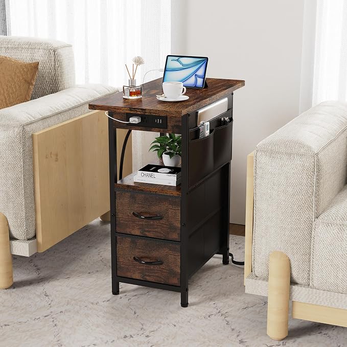 Yenlure Small Side Table with Charging Station, Narrow Nightstand Bedside Tables with Storage Pocket for Living Room Bedroom, Sofa End Table with USB Ports and Power Outlets for Small Spaces - Image 6
