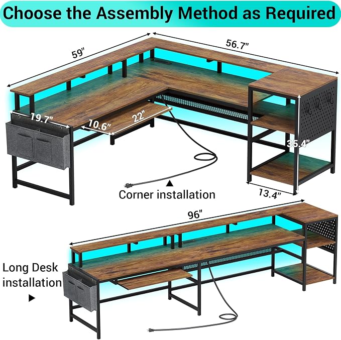 SEDETA L Shaped Computer Desk, Reversible Computer Desks, L Shaped Desk with Power Outlets & LED Strip, Monitor Shelf, Keyboard Tray, Pegboard and Storage Shelves for Home Office, Rustic Brown - Image 4