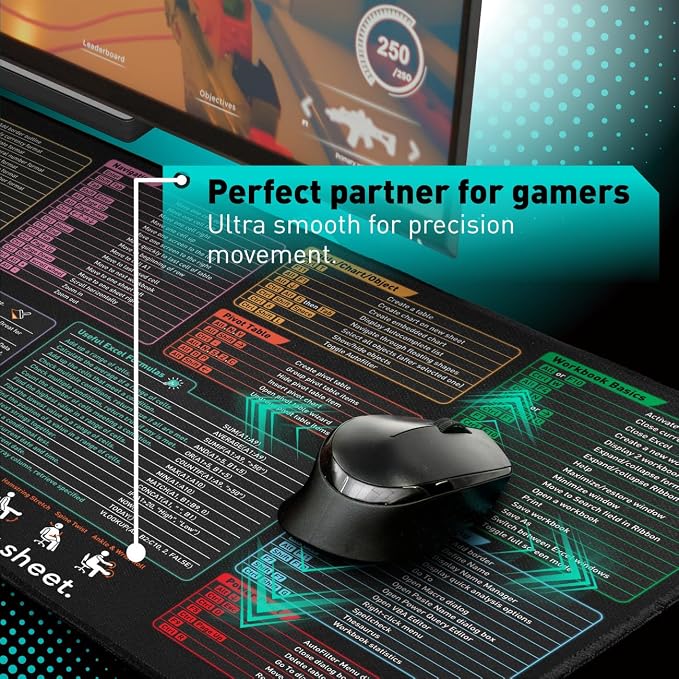 Pixiecube Excel Shortcut Keys Mouse Pad - Extended Large XXL Cheat Sheet Gaming Mousepad | PC Office Spreadsheet Keyboard Mat | Non-Slip Stitched Edge - Image 4