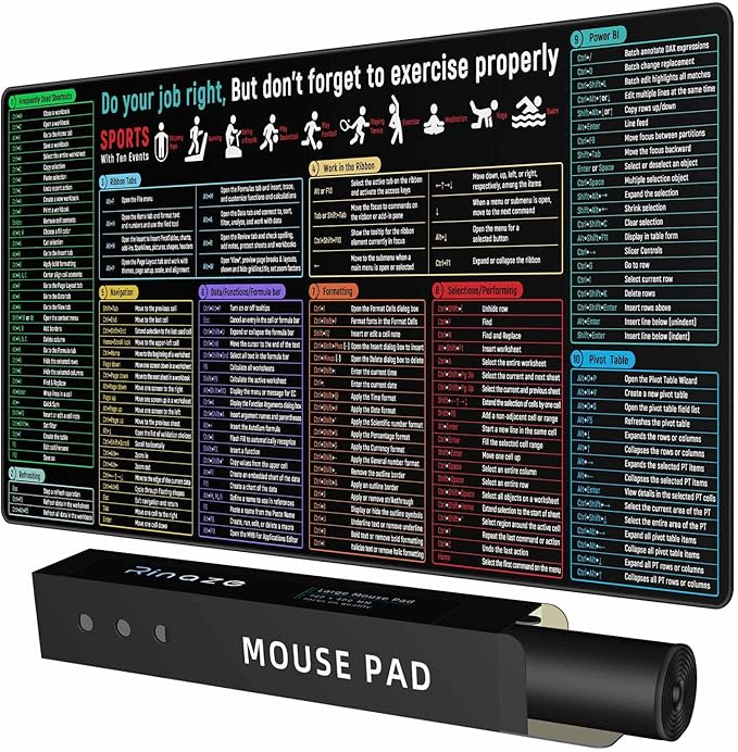 Rinaze Large Mouse Pad With Excel Shortcuts Cheat Sheet, Excel Tips Desk Mat, XXL Gaming Mousepad Keyboard Pad, Office Accessories for Computer, Mac, PC and Laptop by Rinaze