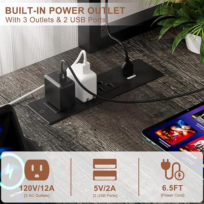 Aheaplus L Shaped Gaming Desk with Power Outlets & LED Lights, Black Oak - Image 3