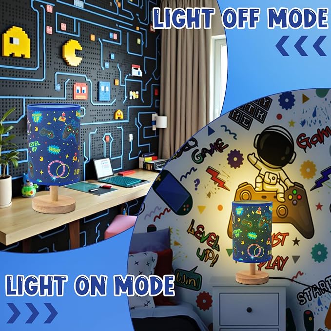 Kids Gaming Lamp for Boys Bedside Lamp with Linen Wooden Nightstand Cartoon Nursery Video Game Lampshade for Kids Gamer Decor - Image 4
