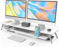 Fenge Dual Monitor Stand Riser, Wooden Desk Shelf with 2-Tier Storage | 42.5-Inch Wide, Sturdy Aluminum Legs, Built-In Phone & Tablet Slot, Desktop Organizer for Office Accessories by Fenge