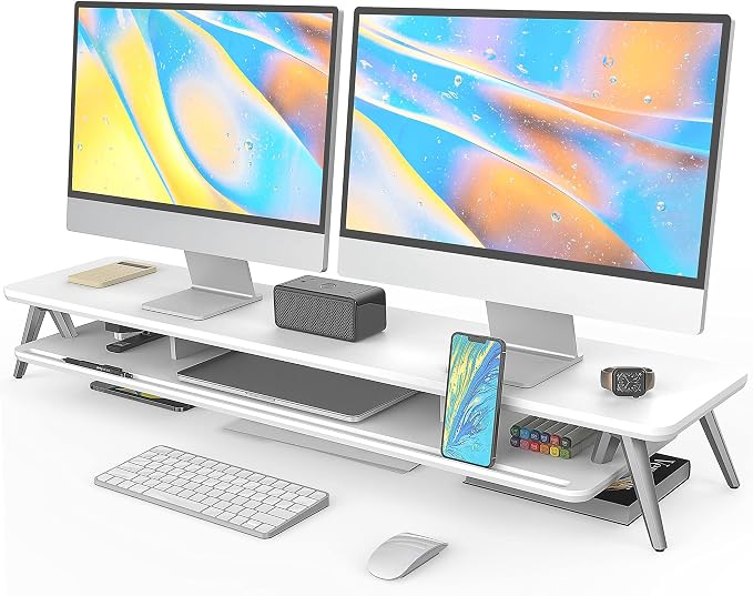Fenge Dual Monitor Stand Riser, Wooden Desk Shelf with 2-Tier Storage | 42.5-Inch Wide, Sturdy Aluminum Legs, Built-In Phone & Tablet Slot, Desktop Organizer for Office Accessories by Fenge