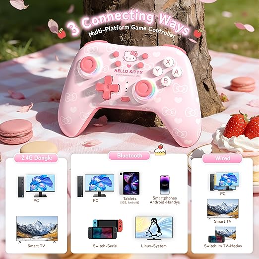 Kuitmor Hello Kitty Switch Pro Controller, Cute Hall Effect Wireless Gamepad No Drift for Switch 2/Switch/OLED/Lite, PC/Steam, Android, iOS, Bluetooth + Wired, Turbo, Back Buttons,6-Aixs Gyro, Wake-up, RGB (Pink, Without 2.4g Receiver) - Image 2