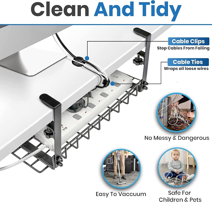 Under Desk Cable Management Tray, 16” No Drill Cord Organizer with Clamps for Wire Management, 4mm Sturdy Wire Desk Cable Organizer Tray, Cable Management Rack for Office - Image 5