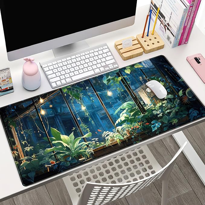 Plant Desk Mat Green Big Mouse Pad Large Gaming Mousepad Extended Keyboard Pad City View Aesthetic Desk Pad XXL Mouse Mat 31.5''X15.7'' Office Decor Cute Desk Accessories for Women - Image 2