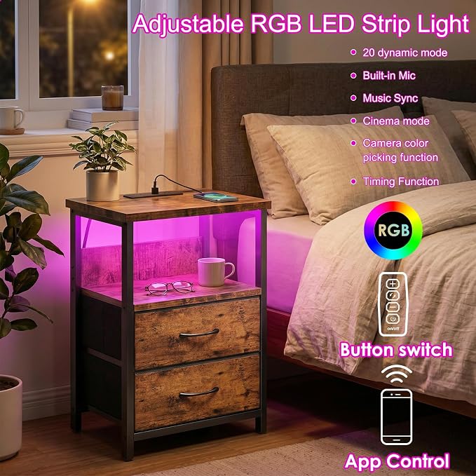 Fixwal Night Stand with Charging Station, Led Nightstand, 2 Fabric Drawers - Image 4