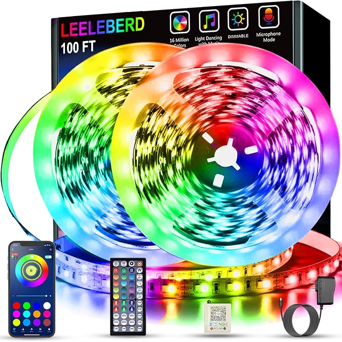Leeleberd Led Lights for Bedroom 100 ft (2 Rolls of 50ft) Music Sync Color Changing RGB Led Strip Lights with Remote App Control Bluetooth Led Strip, Lights for Room Home Kitchen Party Decor by Leeleberd