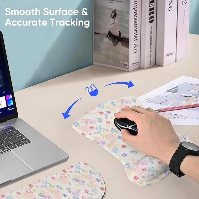 Ergonomic Memory Foam Keyboard Mouse Pad Set with Wrist Rest Support,Non-Slip Hand Wrist Cushion for Laptop/Notebook/Desktop/Computer/Gaming/Office,Easy Typing& Pain Relief (Flowers & Bowknot) - Image 3