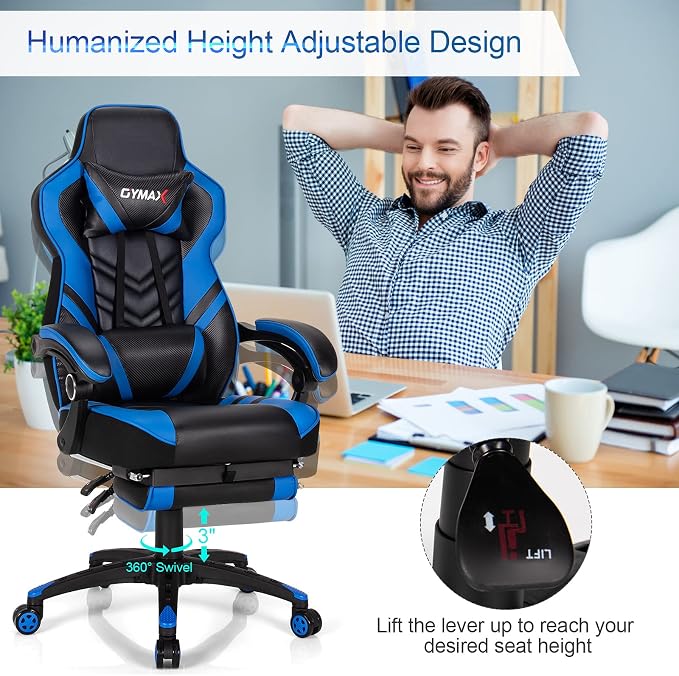 GYMAX Gaming Chair, Ergonomic Computer Chair with Footrest, Linkage Armrests & Lumbar Cushion, Big Wide High Back Video Gaming Chair, Reclining Office Rolling Chair for Adult/Teens (Blue) - Image 7