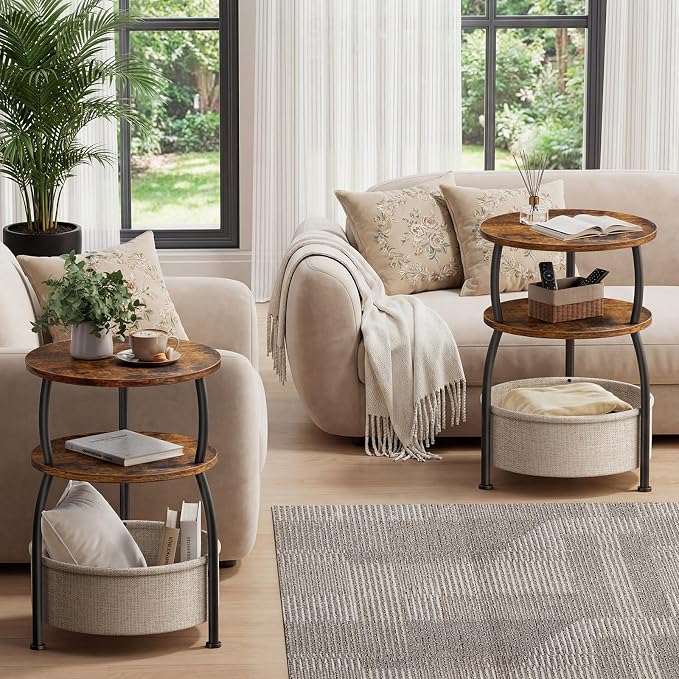 Round Side Table with Storage Basket for Living Room Rustic Brown - Image 6