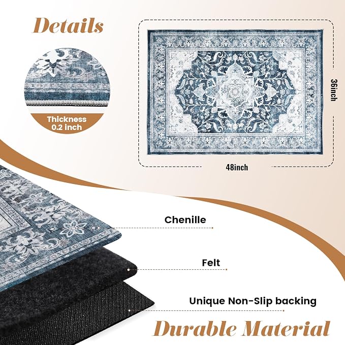 Office Chair Mat for Hardwood Floor & Tile Floor, 36"x48"Anti-Slip Under Desk Carpet Protector for Rolling Computer Chair Mat, Machine Washable Office Area Carpet (Chenille,Blue) - Image 3