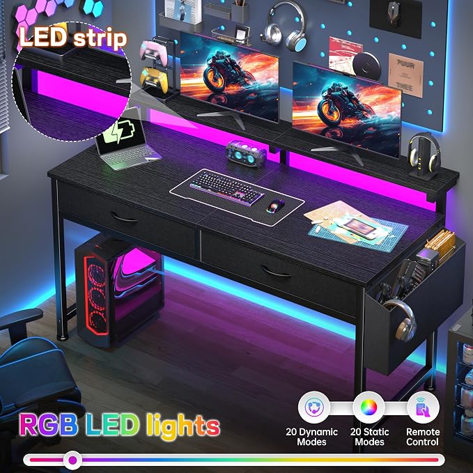 DurayLoly 47.3" Office Computer Desk with LED Lights &2Fabric Drawers,Black - Image 4