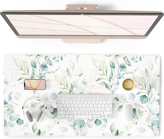 QiyI PU Leather Large Mouse Pad, Office Decor, 31.5" x 15.7", Green Leaves | Desk Décor Accessories, Extended Size, Waterproof & Easy to Clean, Smooth Surface, Non Slip Desk Organization by QIYI