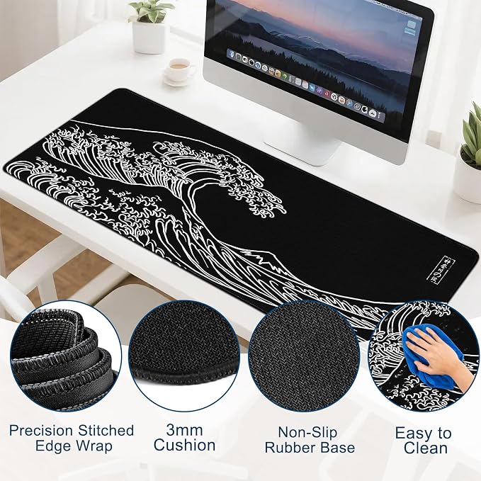 Gaming Desk Mat with Silky Smooth Surface & Exquisite Patterns,31.5x11.8 Inches Large-Sized Mouse Pad, Perfect for Extended Gaming,Work,and Home Office Decor (Kanagawa Waves 3) - Image 5