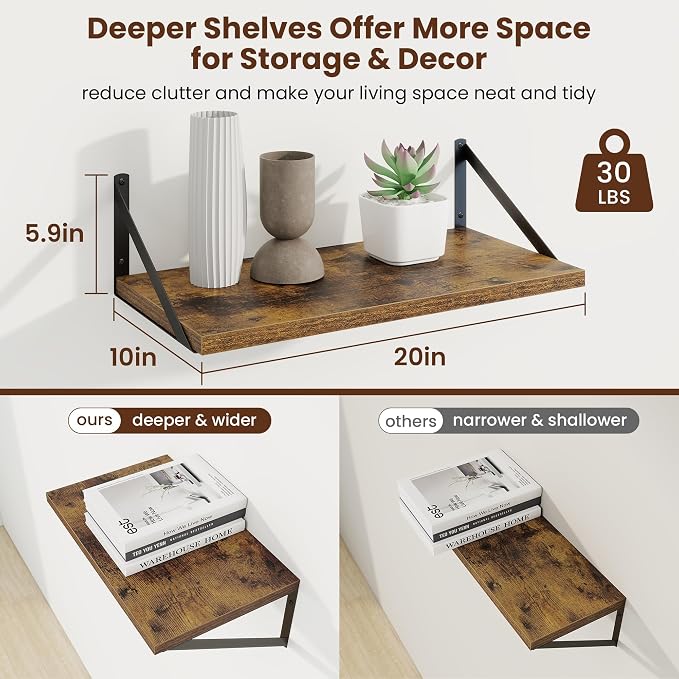 Axeman 20 Inch Floating Shelves, 10 Inch Deep Brown Wall Shelves Set of 2 - Image 3
