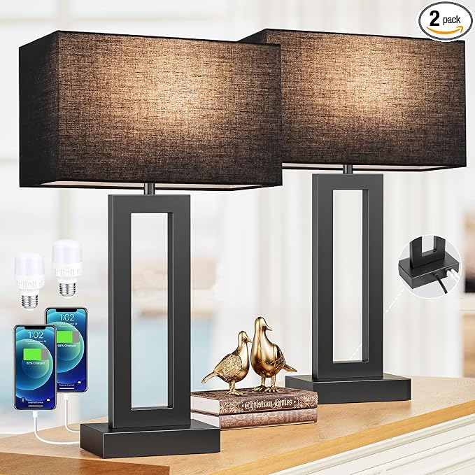 Seealle 22" Tall Living Room Lamps for Night Stands - Touch Bedside Lamp with USB C+A, 3 Way Dimmable Bedroom Lamps for End Tables Set of 2, Modern Night Stand Lamps for Bed Side(Black&Black) by SeealleLighting