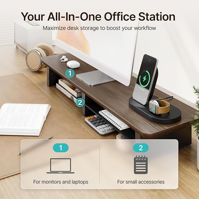 PEGZONE 31.5" Dual Monitor Riser, Metal Shelf Wooden Desk Organizer | Walnut Wooden Desk Shelf for 2 Monitors/TV,Monitor Stand Riser for Desk, Wood Monitor Stand Organizer for Home Office - Image 4