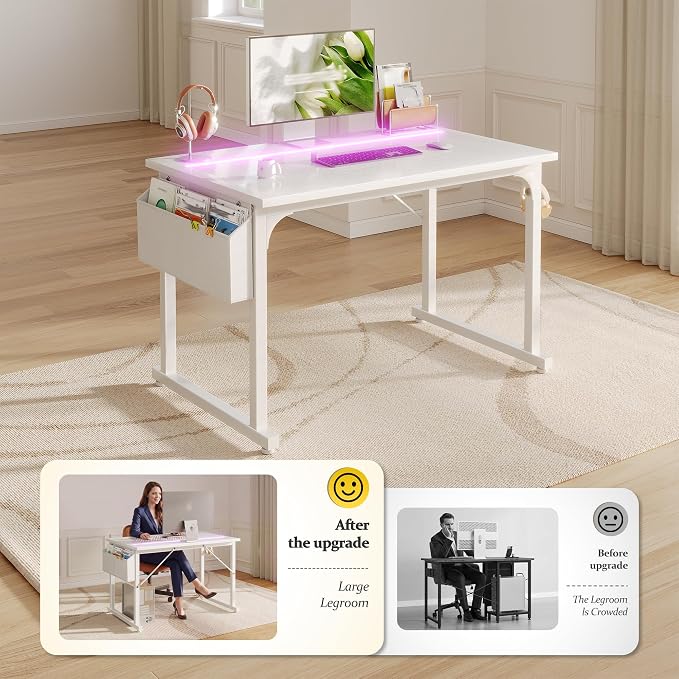 DurayLoly 40" Gaming Desk with Waterproof LED Lights for Bedroom,White - Image 3