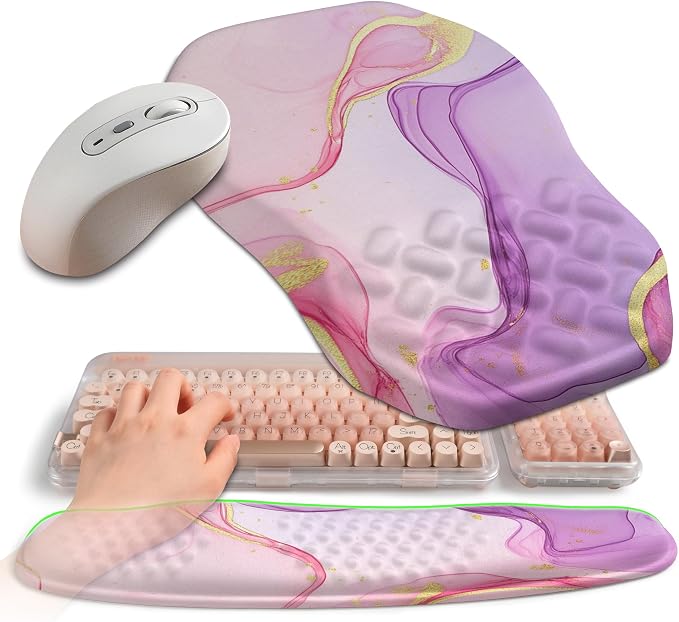 2-in-1 Ergonomic Set, Wave Keyboard Wrist Rest and Massage Slope Mouse Pad Wrist Support, Rebound Memory Foam for Relieve Carpal Tunnel Syndrome and Wrist Pain (Pink Purple Marble) by Gleamtide