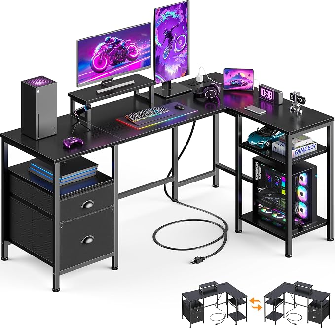 Furologee 50 Inch L Shaped Gaming Desk with Power Outlet and Drawers, Black by Furologee