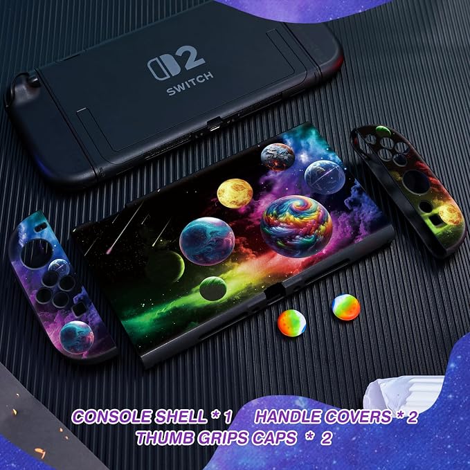 DLseego Protective Soft Case for Nintendo Switch 2 (2025), Soft Grip Cover for Handle, Detachable Joy-C Controller Shockproof & Scratch-Resistant Console Shell, 2 Thumb Grips, Planets - Colourful 2 - Image 7
