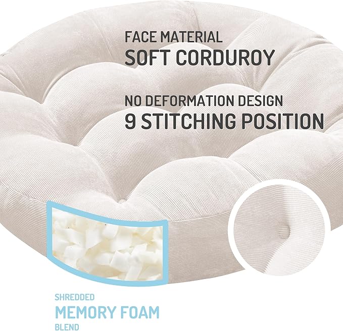 Round Meditation Cushion, Large Floor Pillow for Adults, 22 Inch Beige | Reading nook use, Zen relaxation, Tatami seating, Corduroy cover, 3.5 in thick, Shredded memory foam fill, Soft yoga pad - Image 2