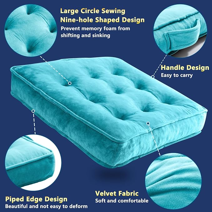1 MIDDLE ONE Floor Pillow Set of 2, Memory Foam Meditation Cushion, Floor Cushions for Adults Sitting, Large Square Seat Cushions for Yoga, Couch, Sofa, Kids, Living Room, 22x22 Inch (Blue) - Image 4