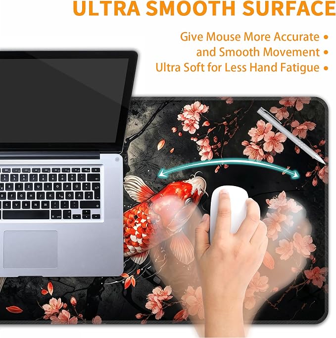 Koi Fish Desk Mat, XXL 35.4"x15.7" Large Mouse Pad, Japanese Cherry Blossoms Extended Gaming Mouse Mat,Non-Slip Rubber Base Waterproof with Stitched Edges for Gaming Office Home Decor - Image 5