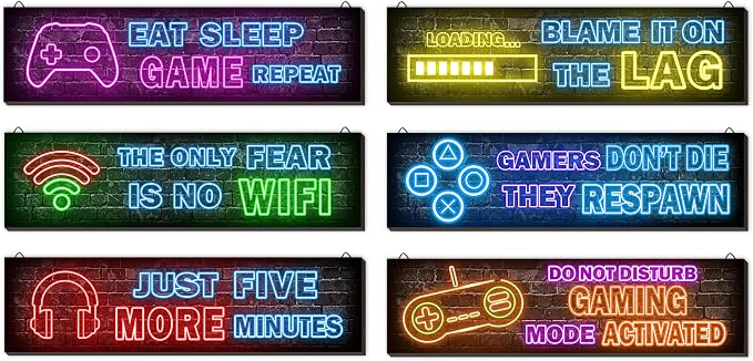 6 Pcs Neon Gaming Decor for Boys Room Wooden Video Game Wall Art - Wall Decor for Boys Kids Room Bedroom Playroom Decorations by Simimi+art