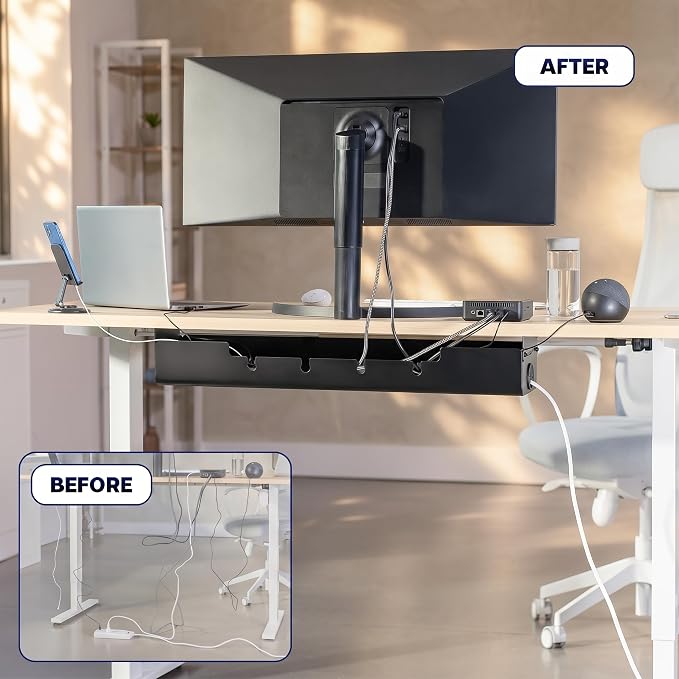 VIVO 35 inch Screw-On Under Desk Cable Management Box with Flip-Open Lid, Easy-to-Open Steel Cord and Power Strip Organizer, Cable Organizer Tray, 11 lbs Capacity, Black, DESK-ACMB35-S - Image 2