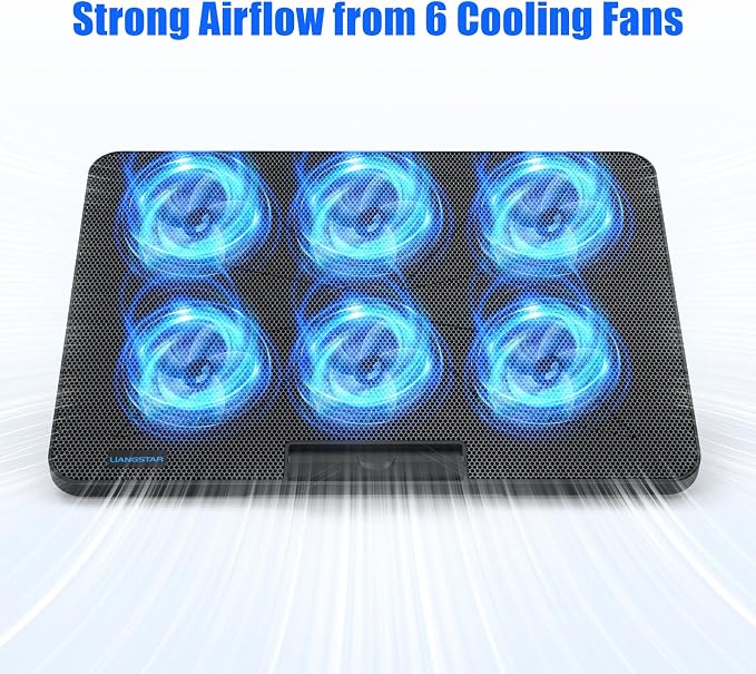 LIANGSTAR Laptop Cooling Pad, Laptop Cooler with 6 Quiet Fans for 12-17 Inch Notebook Gaming Fan Stable Stand, 7 Height & Wind Speed Adjustable, 2 USB Port & Phone Holder (Black) - Image 2
