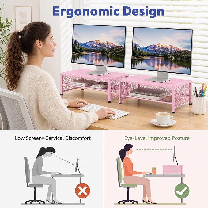 OPNICE 2-Tier Computer Monitor Stand Riser, Laptop Stand for Desk, Desk Organizer for Office, Home and School Supplies, Pink - Image 2
