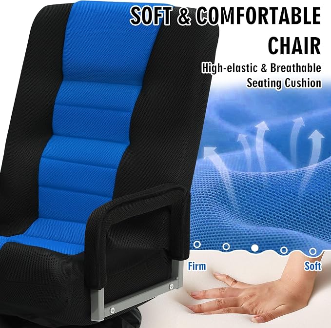 Swivel Floor Gaming Chair w/Armrests, Folding Video Reclining Sofa w/6 Adjustable Position, Padded Backrest & Cushion, Lazy Lounger Couch for E-Sports, Reading, Relaxing, Watching TV, Blue - Image 6