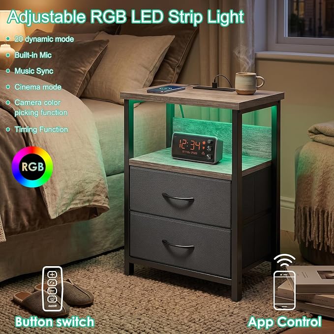 Fixwal Night Stand with Charging Station, Led Nightstand, 2 Fabric Drawers - Image 4