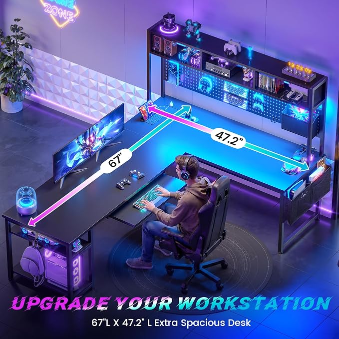 SEDETA 67" L Shaped Gaming Desk with Pegboard LED Lights and Power Outlet | Reversible Computer Desk with Keyboard Tray Hutch and Stoage Bag for Home Office, Black - Image 5