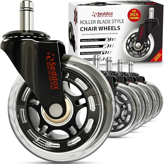 Office Chair Wheels Replacement Set 10mm (3/8" x 7/8") Stem - Fits IKEA Chairs ONLY - Soft Desk Chair Casters for Wood Floors & Carpet - Heavy Duty & Safe for All Floors Without Any Chair Mats by Seddox