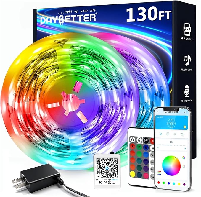 DAYBETTER LED Strip Lights 130 ft (2 Rolls of 65.6ft), LED Lights Smart App Control Lighting Bedroom Rome Decor with Remote, RGB Music Sync Color Changing LED Lights for Bedroom Party by DAYBETTER
