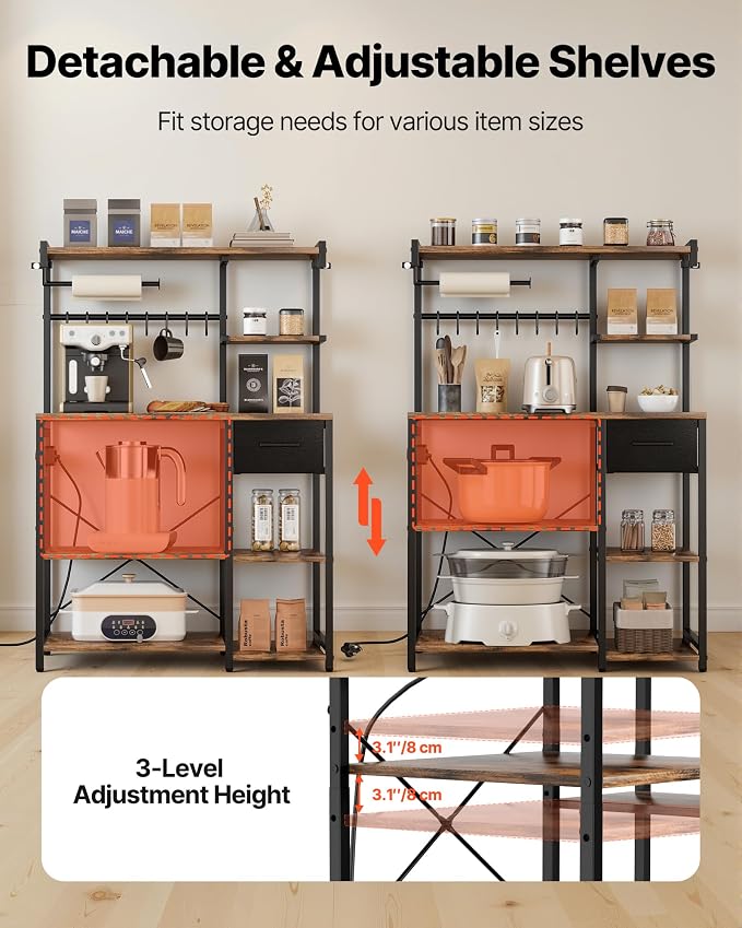 VEVOR Kitchen Bakers Rack with Power Outlets, 31.5 x 15.7 x 55.1 Inch Microwave Stand with Built-in Power Strip & 4.6 Ft Cord, 8 S-Shaped Hooks, for Dish Storage, Spice Jars, Coffee Bar Organization - Image 6