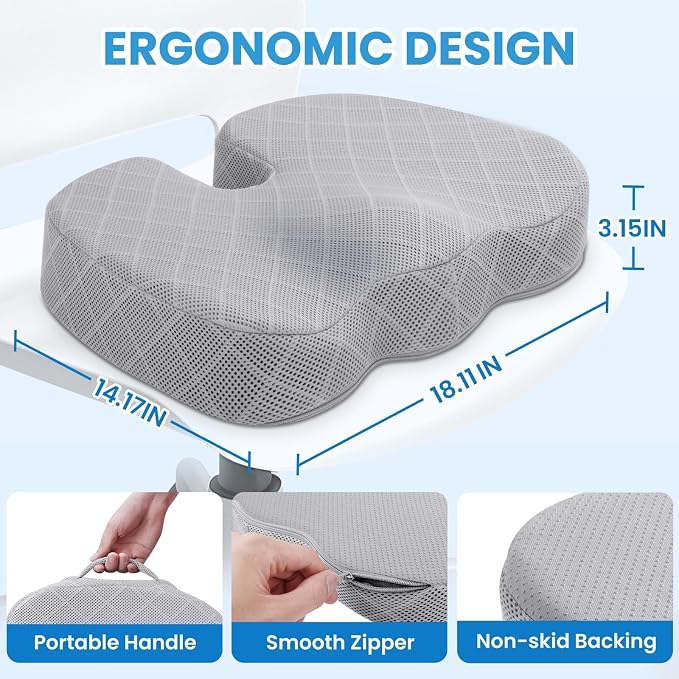 TushGuard Memory Foam Office Chair Seat Cushion - Light Grey, Large | for Car Seat, Airplane, Desk Chair - Sciatica & Hip & Coccyx Pain Relief Cushion for Long Sitting Office Workers, Car Drivers - Image 2