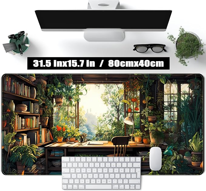 Green Plant Lovers Cute Desk Mat, Kawaii Desk Pad XXL Large Extended Lofi Mouse Pad Gaming Anime Mousepad, Big Laptop Computer Keyboard and Mouse Mat for Girl Women Office Desk Decor 31.5x15.7 in - Image 2