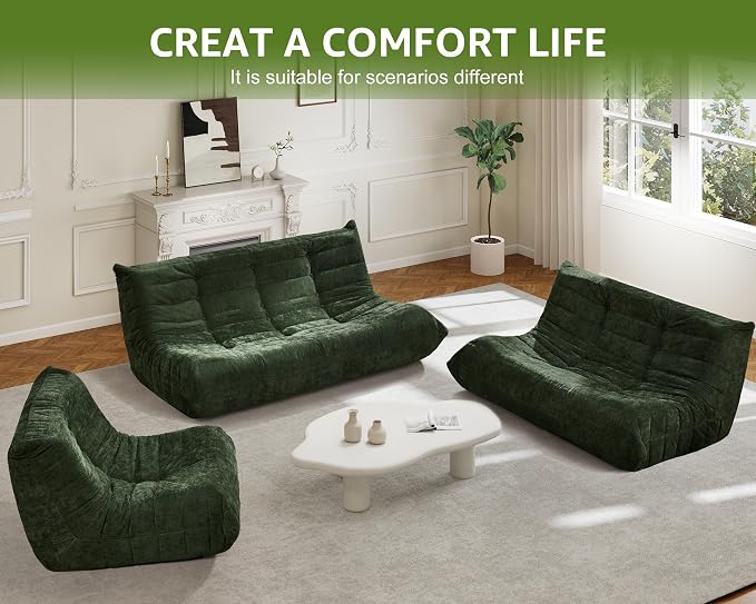 Hobestluk Large Bean Bag Chairs for Adults Fireside BeanBag Couch Togo Sofa | Ergonomic Design,Memory Foam,No Assembly,Faux Fur Fireside Lounge Floor Chair Back Support Office | Green Chenille Loveseat - Image 8