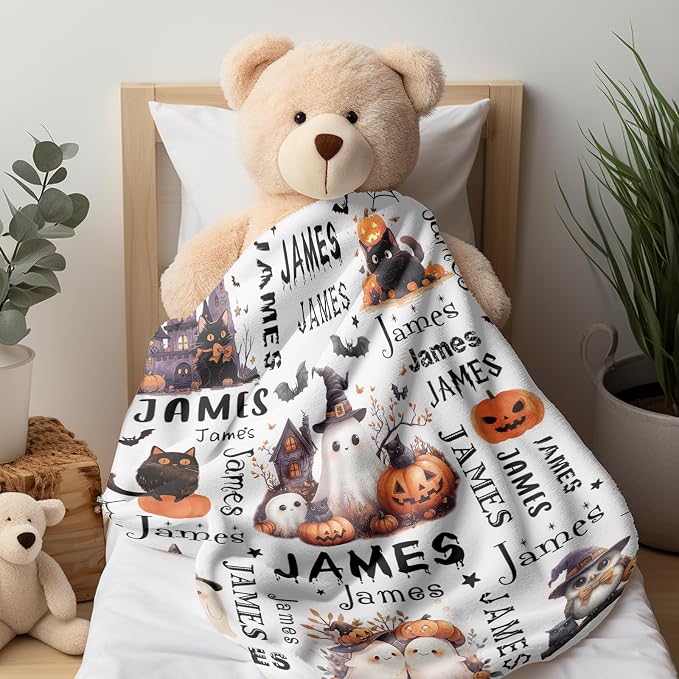 Ship Next Day, Custom Halloween Blanket - Printed in USA, Personalized Baby Blankets with Name, Gift for Kids Girls Boys, Unique Present for Birthday, Christmas, Halloween Bats Toddler Blanket - Image 9