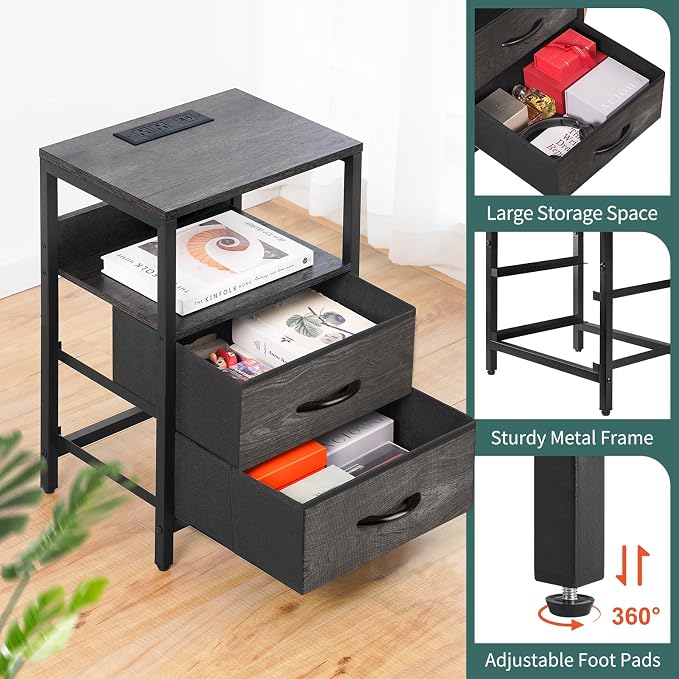 Yoobure Nightstand with Charging Station, Small Night Stand with Fabric Drawers and Storage Shelf for Bedrooms, Nightstands for Small Spaces, Bedside Table with USB Ports & Outlets, Bed Side Table - Image 7