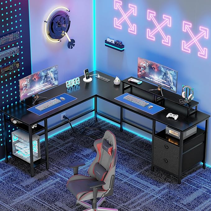 Furologee 66 Inch L Shaped Desk with 2 Drawers and Power Outlet, Black - Image 2