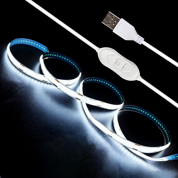 5V USB LED Strip Lights 6.56FT, 3Key COB Light Strip White, Short LED Strip Light, Flexible Bright for Under Cabinet, Kitchen, TV Backlight, Shelves, Displays and TV Lights by Unknown