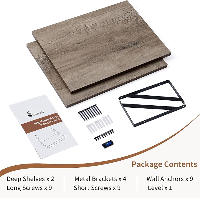 Axeman Deep Floating Shelves for Wall, 12 Inch Deep Floating Shelves Set of 2, 16W x 12D Rustic Grey Wood Large Wall Mounted Shelves for Living Room Kitchen Bathroom Bedroom - Grey - Image 6