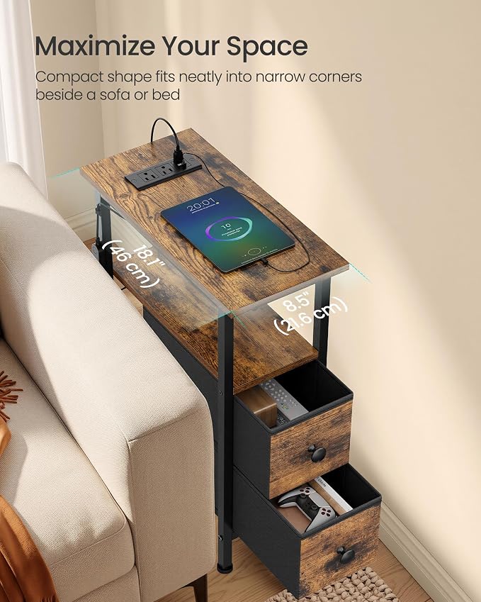 SONGMICS Side Table with LED Light, Narrow End Table with 2 Fabric Drawers - Image 4