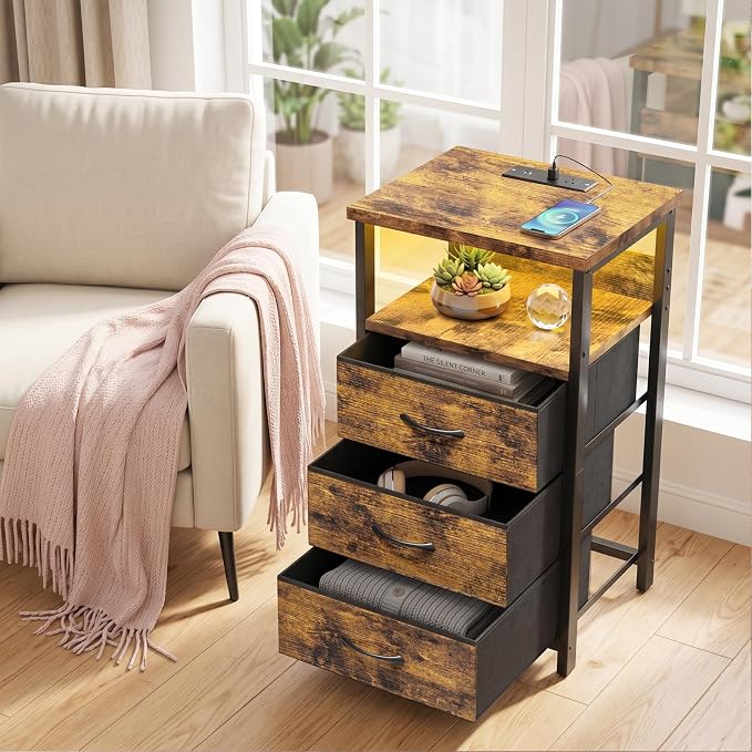 Fixwal Night Stand with 3 Fabric Drawers, Nightstand with Charging Station - Image 6